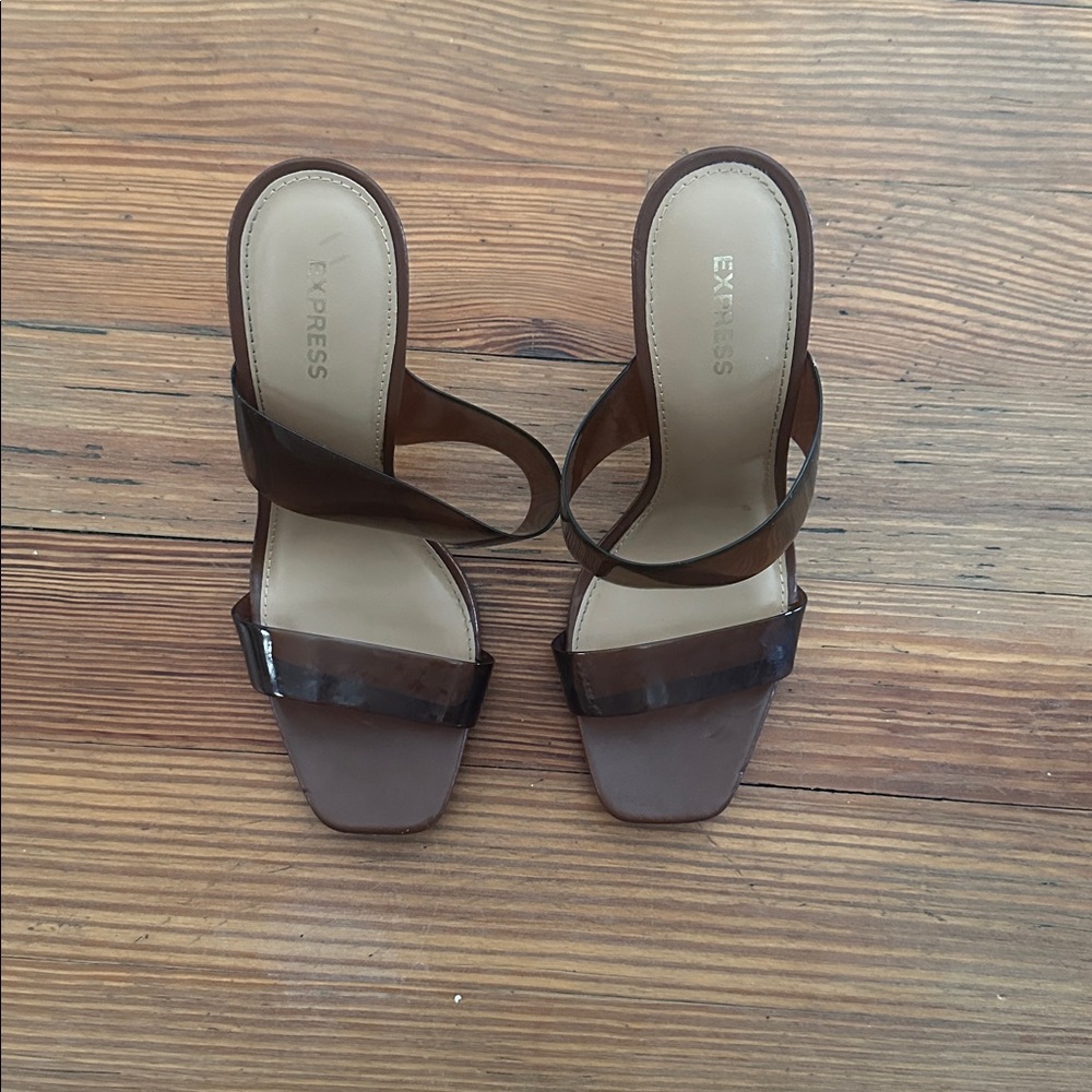 Express Brown Patent Double-Strap Stiletto Slides